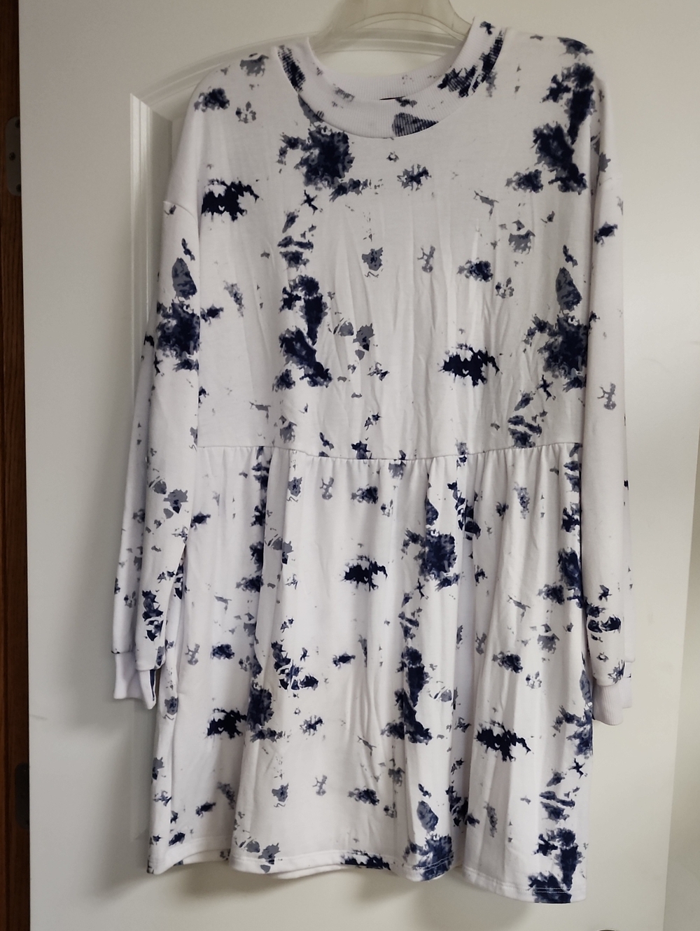 Crystal Doll Tie Dye Pocket Babydoll Dress Long Sleeve White Navy Gray L EUC